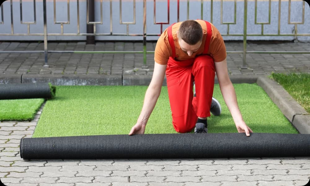 Professional installing artificial grass over paving