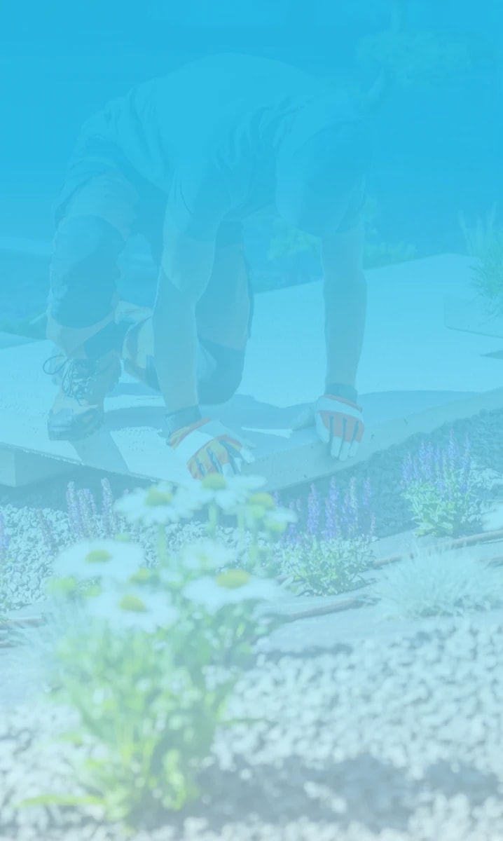 A Landscaper carefully laying a large concrete slab amongst a garden of flowers and grey pebble dash