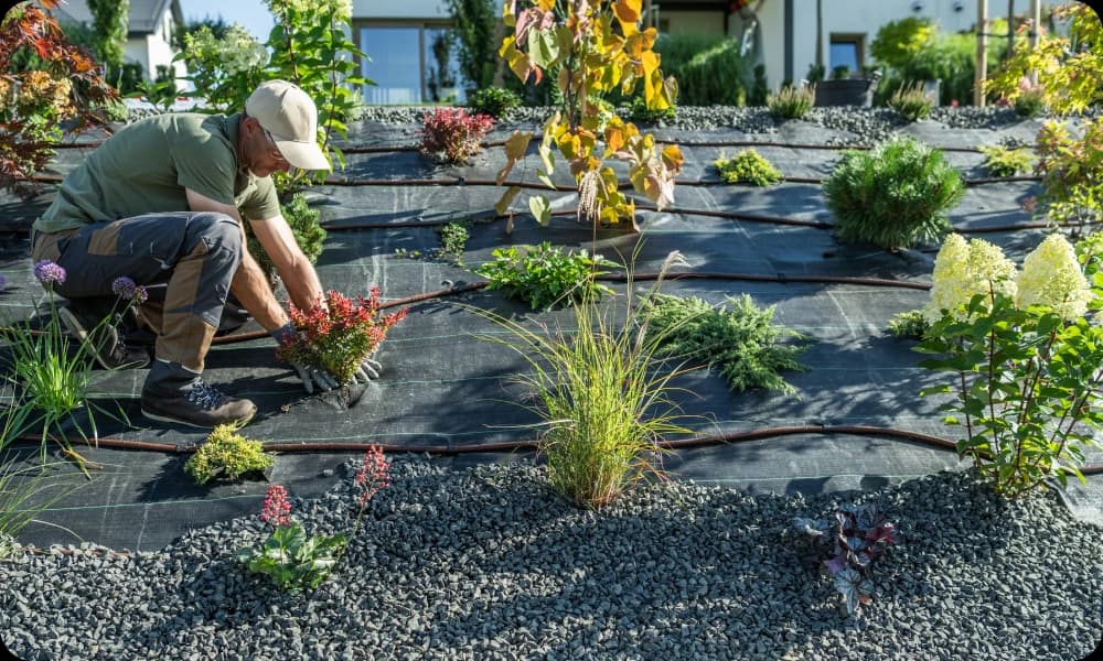 Professional landscaper carefully placing different plants and flowers around site